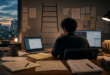 Editorial illustration of an early-career professional reviewing AI drafts documents code spreadsheets and a symbolic ladder with missing lower rungs