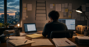 Editorial illustration of an early-career professional reviewing AI drafts documents code spreadsheets and a symbolic ladder with missing lower rungs