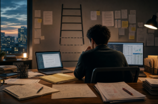 Editorial illustration of an early-career professional reviewing AI drafts documents code spreadsheets and a symbolic ladder with missing lower rungs