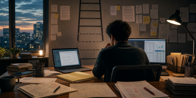 Editorial illustration of an early-career professional reviewing AI drafts documents code spreadsheets and a symbolic ladder with missing lower rungs