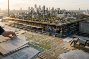 Editorial illustration of a tabletop city model revealing power lines substations data centers water systems maps records and AI ledgers