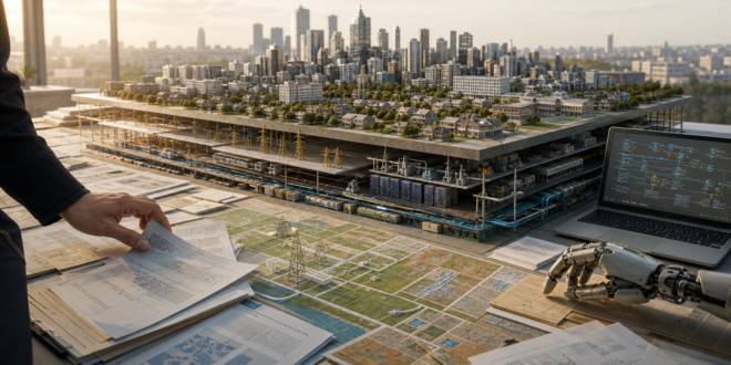Editorial illustration of a tabletop city model revealing power lines substations data centers water systems maps records and AI ledgers