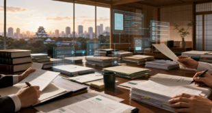 Editorial illustration of Japanese public-administration documents law books review hands and restrained AI audit interfaces at dawn