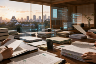 Editorial illustration of Japanese public-administration documents law books review hands and restrained AI audit interfaces at dawn