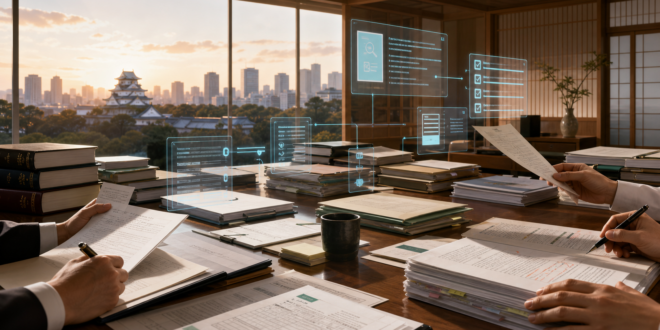 Editorial illustration of Japanese public-administration documents law books review hands and restrained AI audit interfaces at dawn